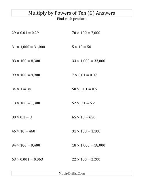 The Multiplying Whole Numbers by All Powers of Ten (Standard Form) (G) Math Worksheet Page 2
