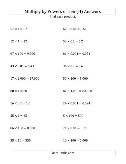 The Multiplying Whole Numbers by All Powers of Ten (Standard Form) (H) Math Worksheet Page 2