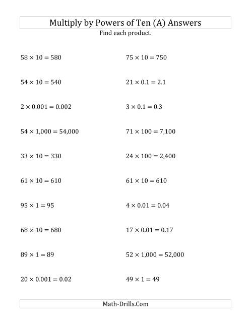 The Multiplying Whole Numbers by All Powers of Ten (Standard Form) (All) Math Worksheet Page 2