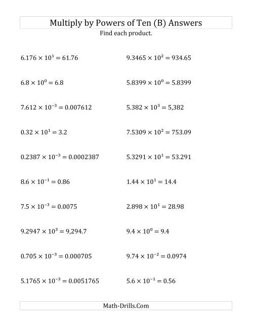 The Multiplying Decimals by All Powers of Ten (Exponent Form) (B) Math Worksheet Page 2
