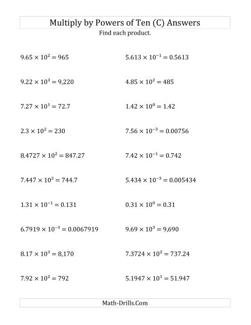 The Multiplying Decimals by All Powers of Ten (Exponent Form) (C) Math Worksheet Page 2