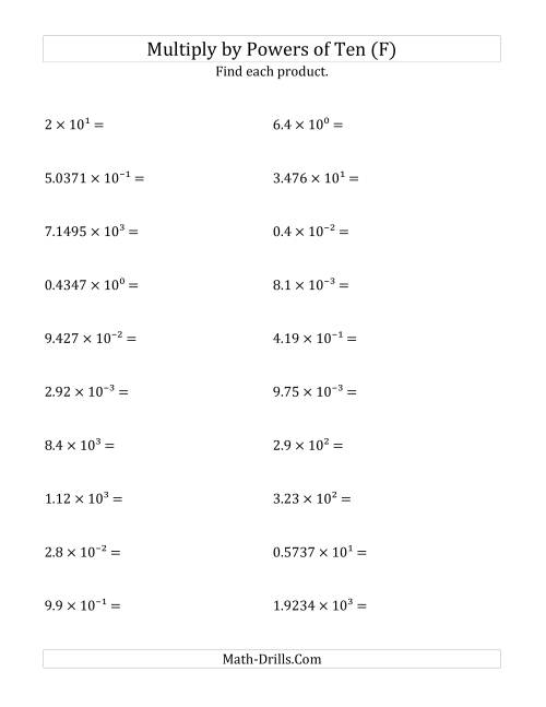 The Multiplying Decimals by All Powers of Ten (Exponent Form) (F) Math Worksheet