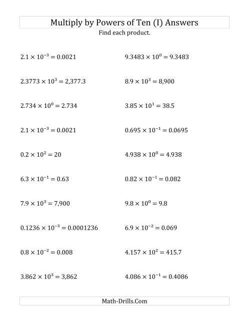 The Multiplying Decimals by All Powers of Ten (Exponent Form) (I) Math Worksheet Page 2