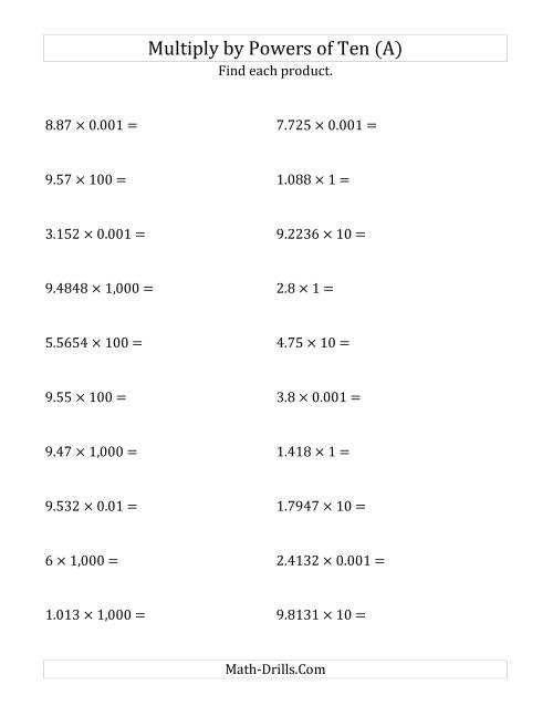 The Multiplying Decimals by All Powers of Ten (Standard Form) (A) Math Worksheet