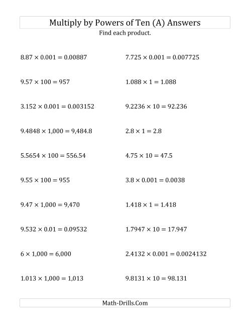 The Multiplying Decimals by All Powers of Ten (Standard Form) (A) Math Worksheet Page 2