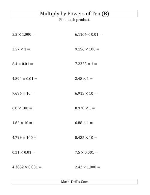 The Multiplying Decimals by All Powers of Ten (Standard Form) (B) Math Worksheet