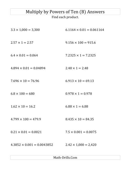 The Multiplying Decimals by All Powers of Ten (Standard Form) (B) Math Worksheet Page 2