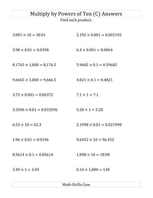 The Multiplying Decimals by All Powers of Ten (Standard Form) (C) Math Worksheet Page 2