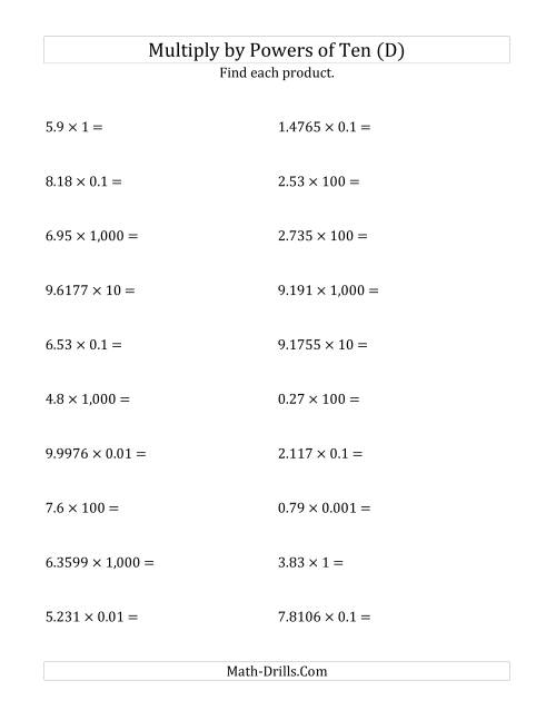 The Multiplying Decimals by All Powers of Ten (Standard Form) (D) Math Worksheet
