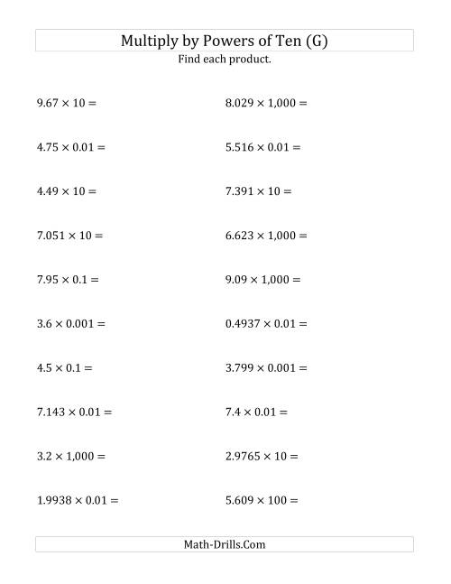 The Multiplying Decimals by All Powers of Ten (Standard Form) (G) Math Worksheet