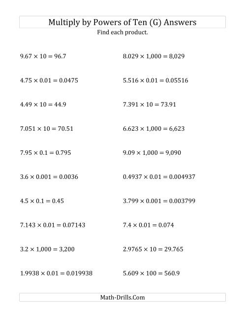 The Multiplying Decimals by All Powers of Ten (Standard Form) (G) Math Worksheet Page 2