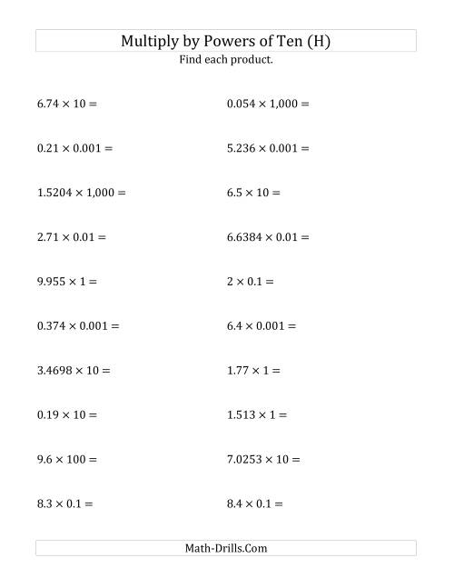 The Multiplying Decimals by All Powers of Ten (Standard Form) (H) Math Worksheet