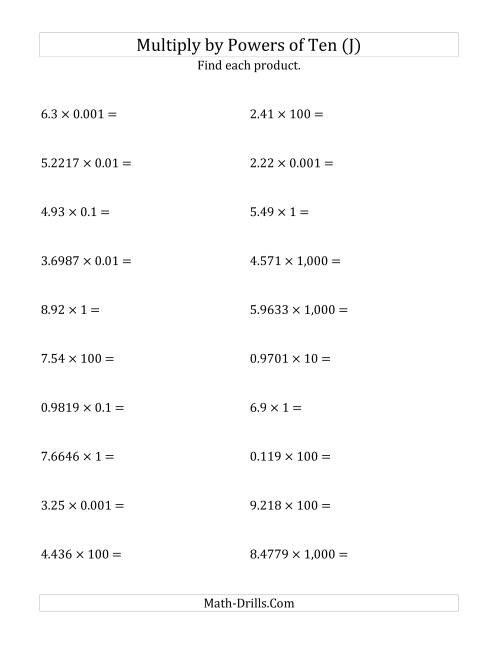 The Multiplying Decimals by All Powers of Ten (Standard Form) (J) Math Worksheet