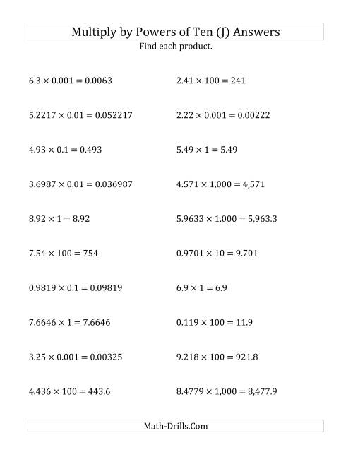 The Multiplying Decimals by All Powers of Ten (Standard Form) (J) Math Worksheet Page 2