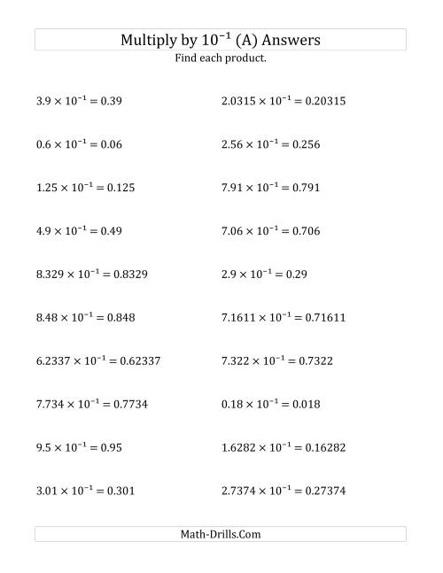The Multiplying Decimals by 10<sup>-1</sup> (A) Math Worksheet Page 2
