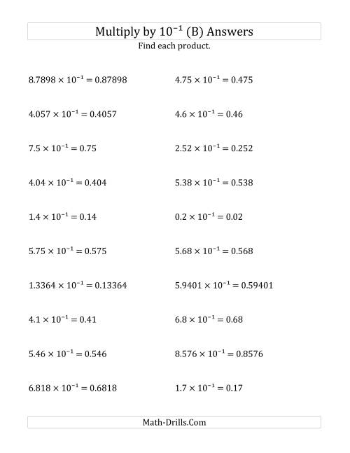 The Multiplying Decimals by 10<sup>-1</sup> (B) Math Worksheet Page 2