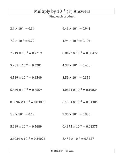 The Multiplying Decimals by 10<sup>-1</sup> (F) Math Worksheet Page 2