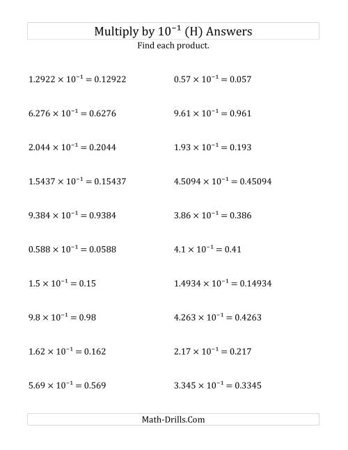 The Multiplying Decimals by 10<sup>-1</sup> (H) Math Worksheet Page 2