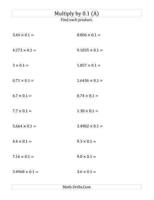 The Multiplying Decimals by 0.1 (A) Math Worksheet