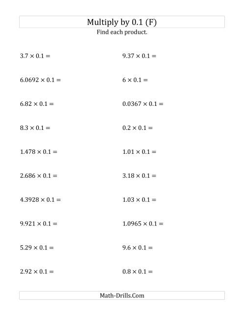 The Multiplying Decimals by 0.1 (F) Math Worksheet