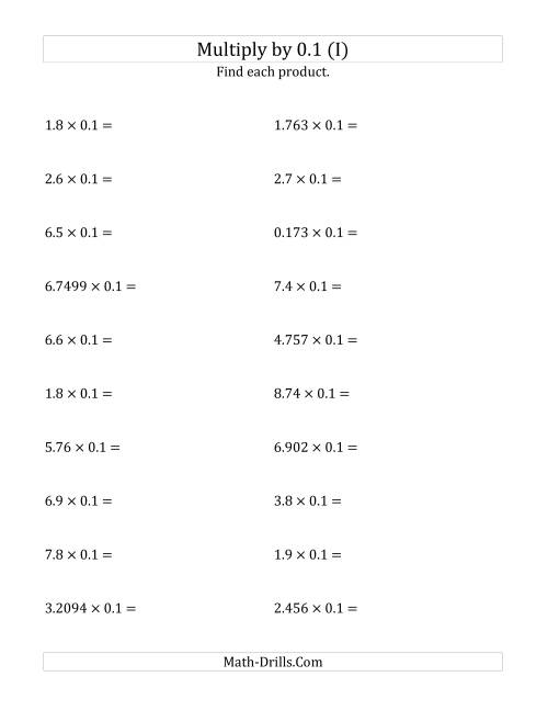 The Multiplying Decimals by 0.1 (I) Math Worksheet
