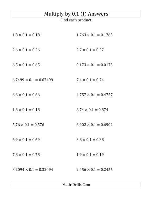 The Multiplying Decimals by 0.1 (I) Math Worksheet Page 2