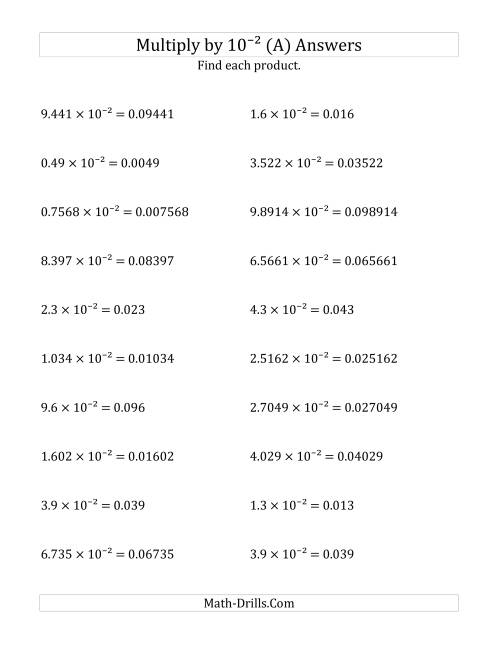 The Multiplying Decimals by 10<sup>-2</sup> (A) Math Worksheet Page 2