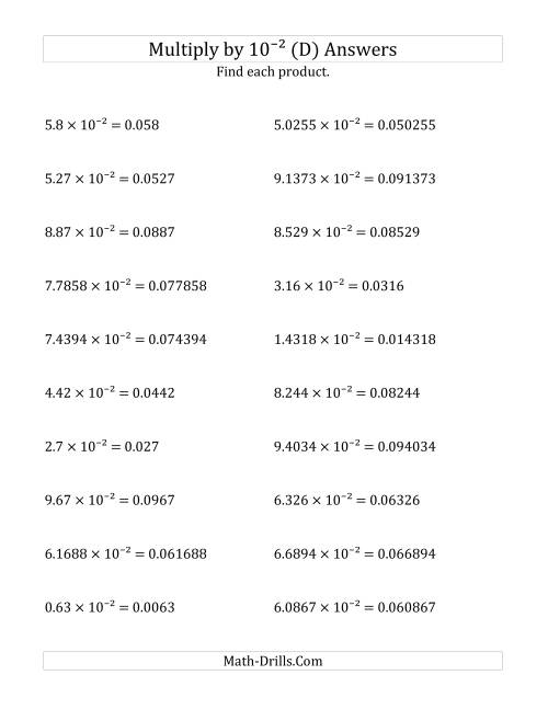 The Multiplying Decimals by 10<sup>-2</sup> (D) Math Worksheet Page 2
