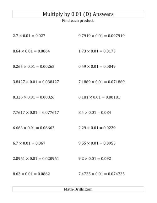 The Multiplying Decimals by 0.01 (D) Math Worksheet Page 2