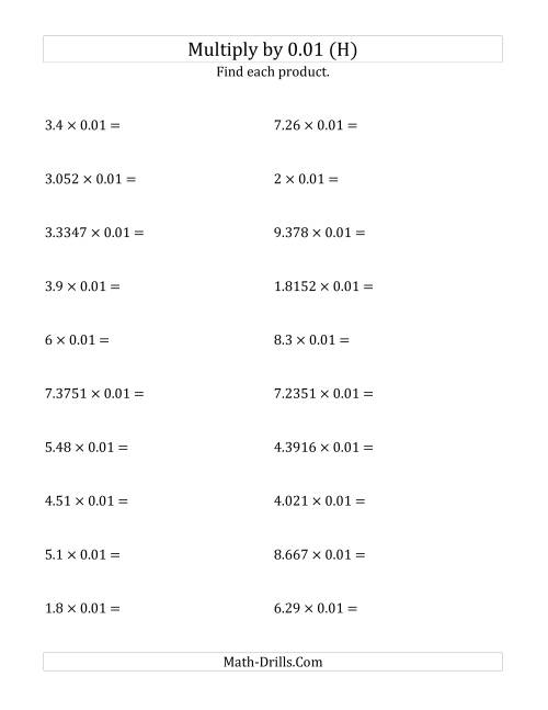 The Multiplying Decimals by 0.01 (H) Math Worksheet