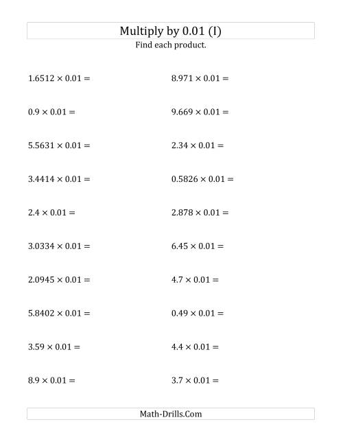 The Multiplying Decimals by 0.01 (I) Math Worksheet
