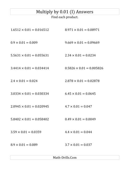 The Multiplying Decimals by 0.01 (I) Math Worksheet Page 2