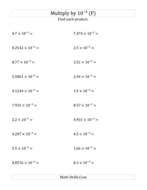 The Multiplying Decimals by 10<sup>-3</sup> (F) Math Worksheet