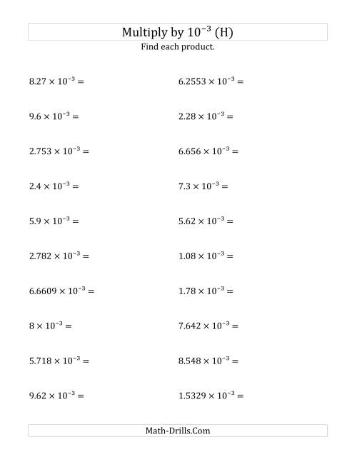 The Multiplying Decimals by 10<sup>-3</sup> (H) Math Worksheet
