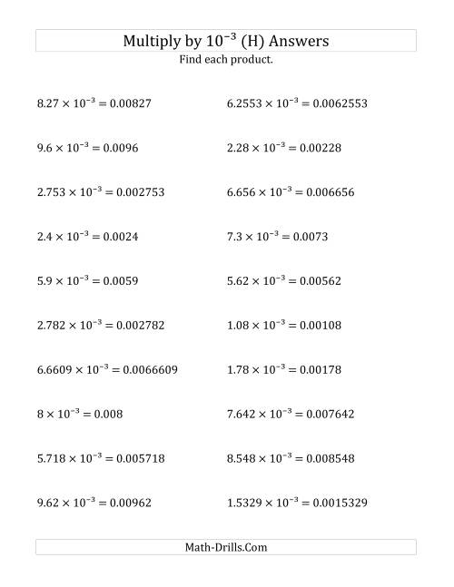 The Multiplying Decimals by 10<sup>-3</sup> (H) Math Worksheet Page 2