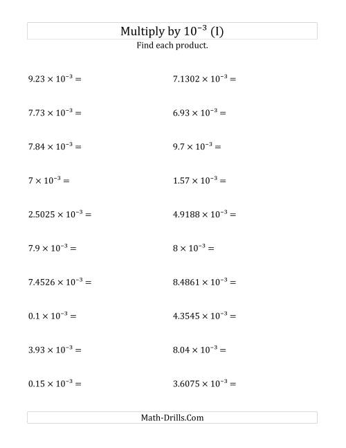 The Multiplying Decimals by 10<sup>-3</sup> (I) Math Worksheet