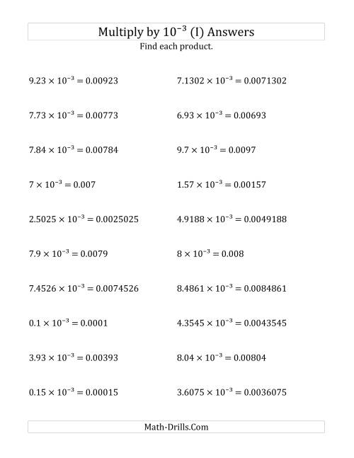 The Multiplying Decimals by 10<sup>-3</sup> (I) Math Worksheet Page 2