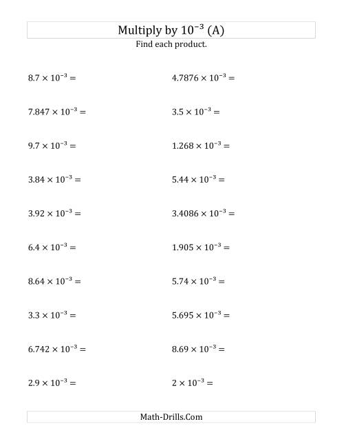 The Multiplying Decimals by 10<sup>-3</sup> (All) Math Worksheet