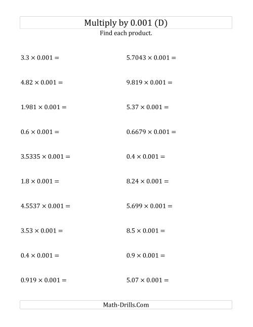 The Multiplying Decimals by 0.001 (D) Math Worksheet