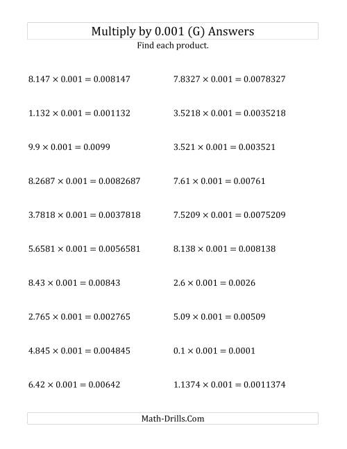 The Multiplying Decimals by 0.001 (G) Math Worksheet Page 2
