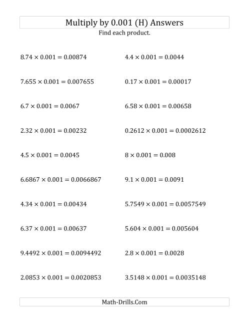 The Multiplying Decimals by 0.001 (H) Math Worksheet Page 2