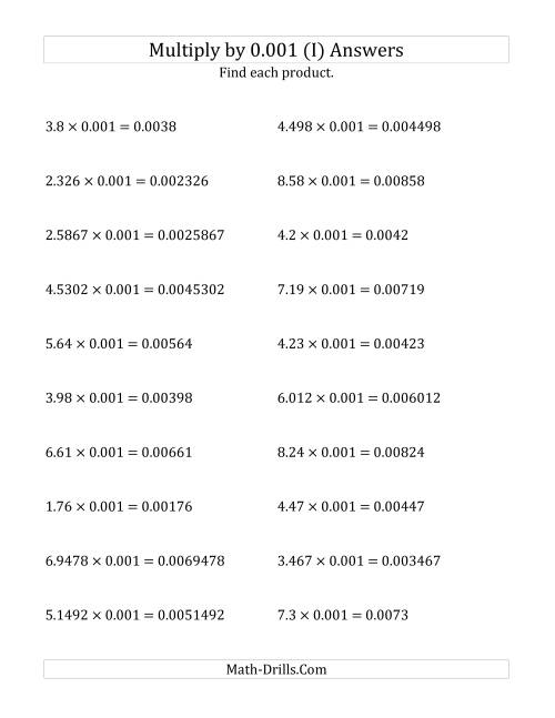 The Multiplying Decimals by 0.001 (I) Math Worksheet Page 2