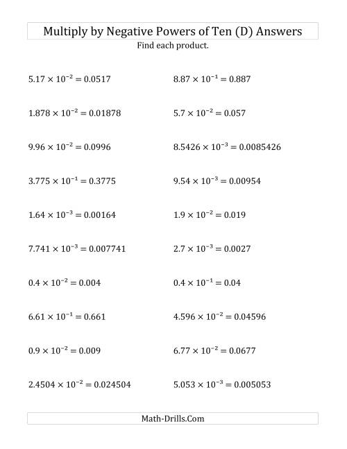 The Multiplying Decimals by Negative Powers of Ten (Exponent Form) (D) Math Worksheet Page 2