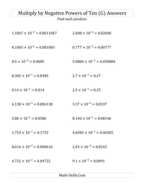 The Multiplying Decimals by Negative Powers of Ten (Exponent Form) (G) Math Worksheet Page 2