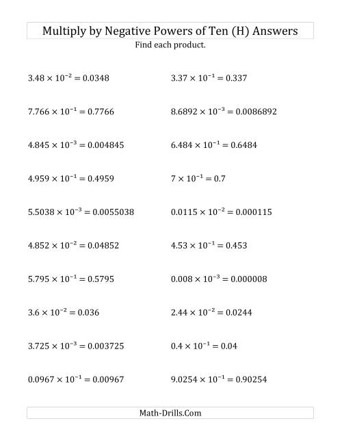 The Multiplying Decimals by Negative Powers of Ten (Exponent Form) (H) Math Worksheet Page 2