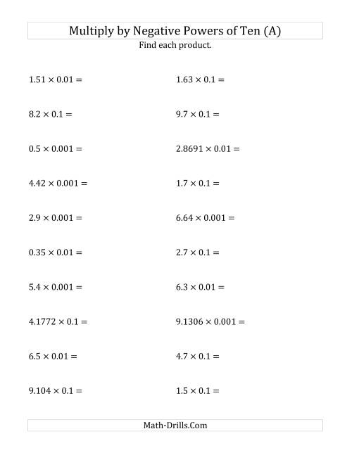 The Multiplying Decimals by Negative Powers of Ten (Standard Form) (A) Math Worksheet
