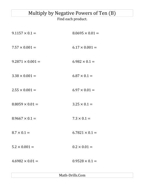 The Multiplying Decimals by Negative Powers of Ten (Standard Form) (B) Math Worksheet