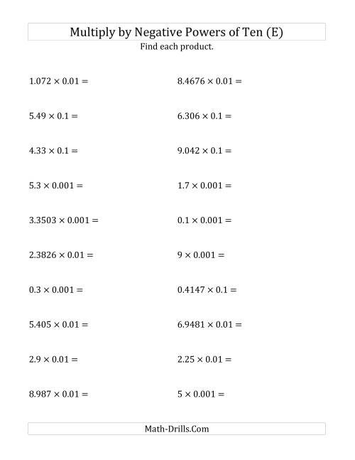 The Multiplying Decimals by Negative Powers of Ten (Standard Form) (E) Math Worksheet