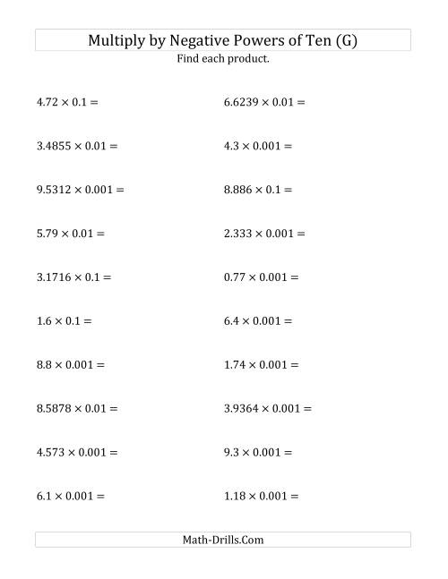 The Multiplying Decimals by Negative Powers of Ten (Standard Form) (G) Math Worksheet