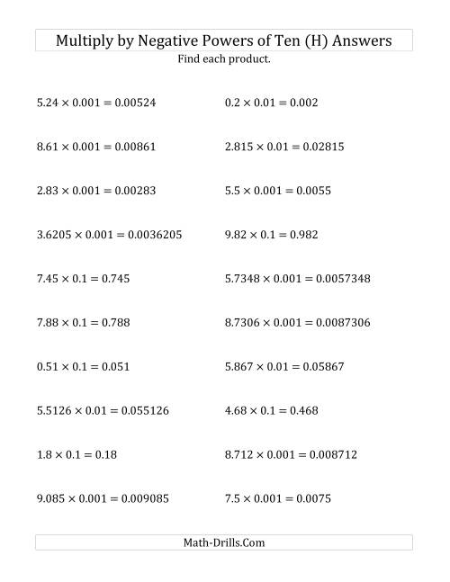 The Multiplying Decimals by Negative Powers of Ten (Standard Form) (H) Math Worksheet Page 2
